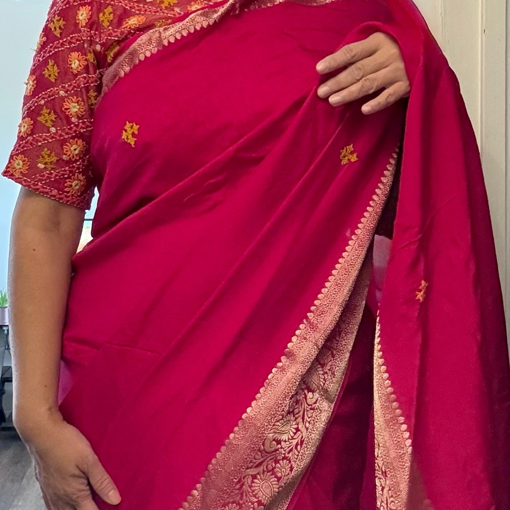 Fuchsia Embroidered Saree with Gold Border
